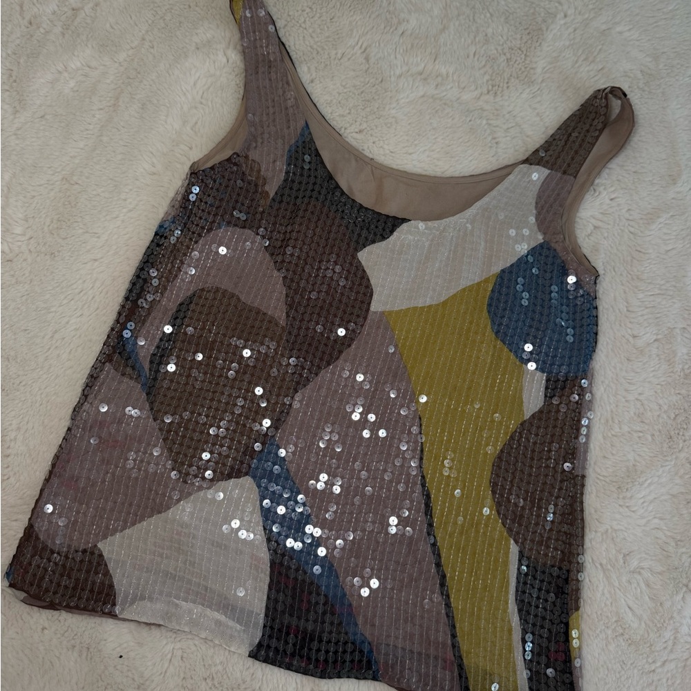 Mint Jodi Arnold Brown and Yellow Ribbed Sequin Tank Top